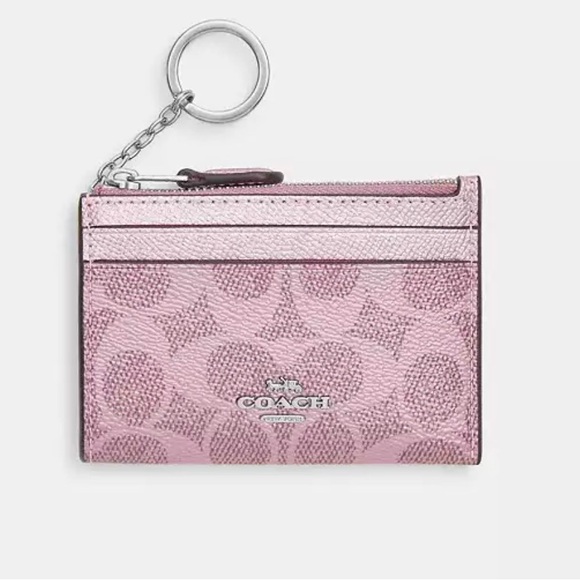 Coach Mini Skinny Id Case In Signature Canvas Pink Metallic - Picture 2 of 3